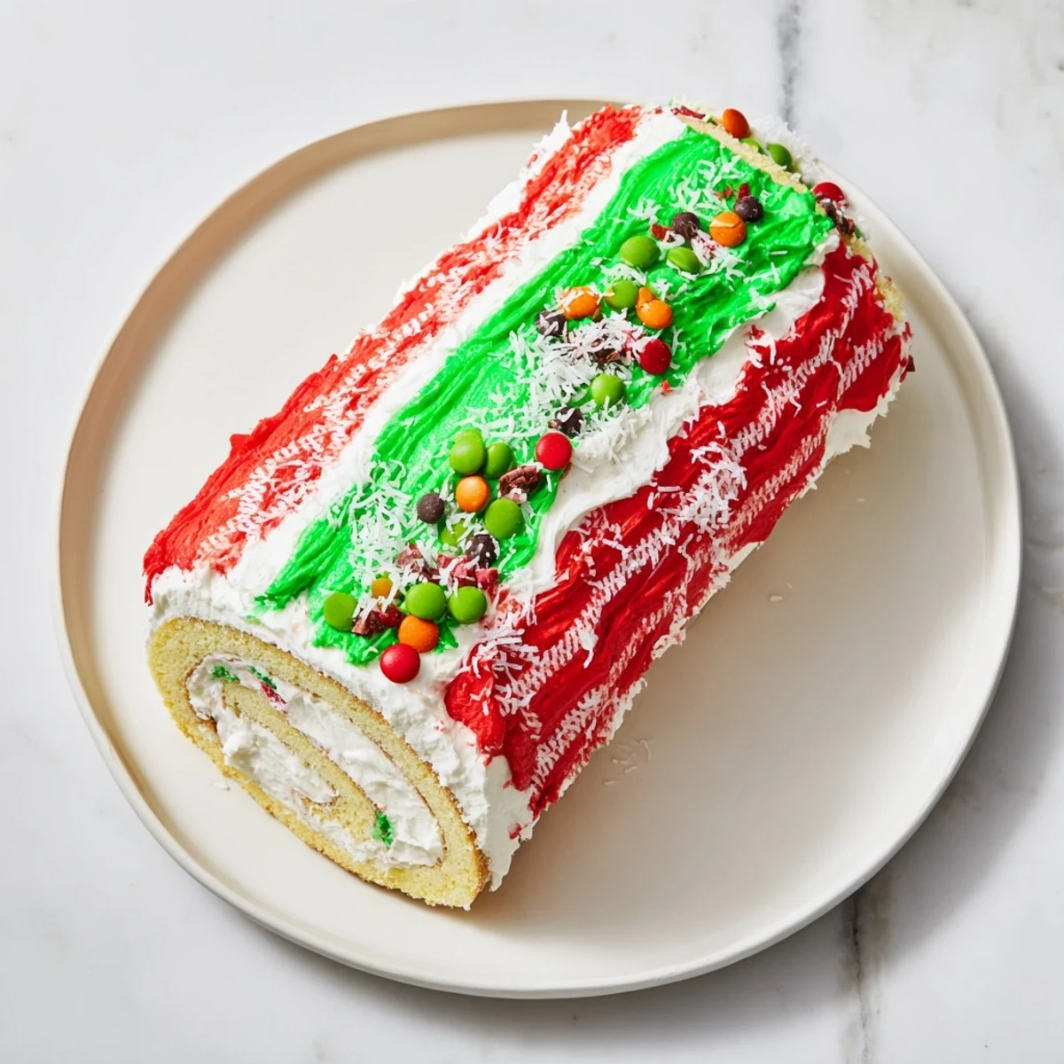 Close-up of a decorated Ugly Sweater Cake Roll, evoking the joyful spirit of the holidays with sweet treats.