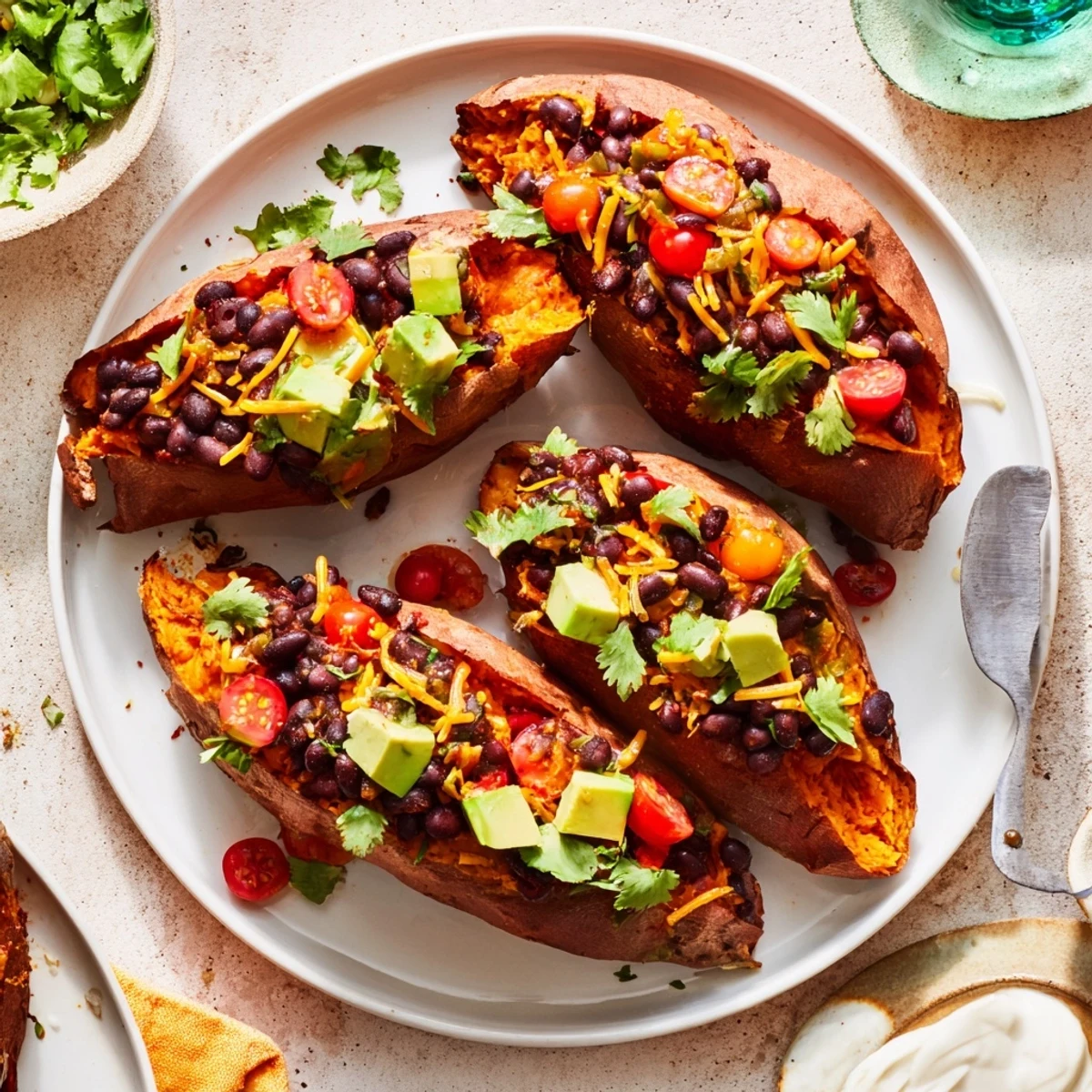 A close-up of a steaming Loaded Baked Sweet Potato, filled with black beans and fresh green toppings.
