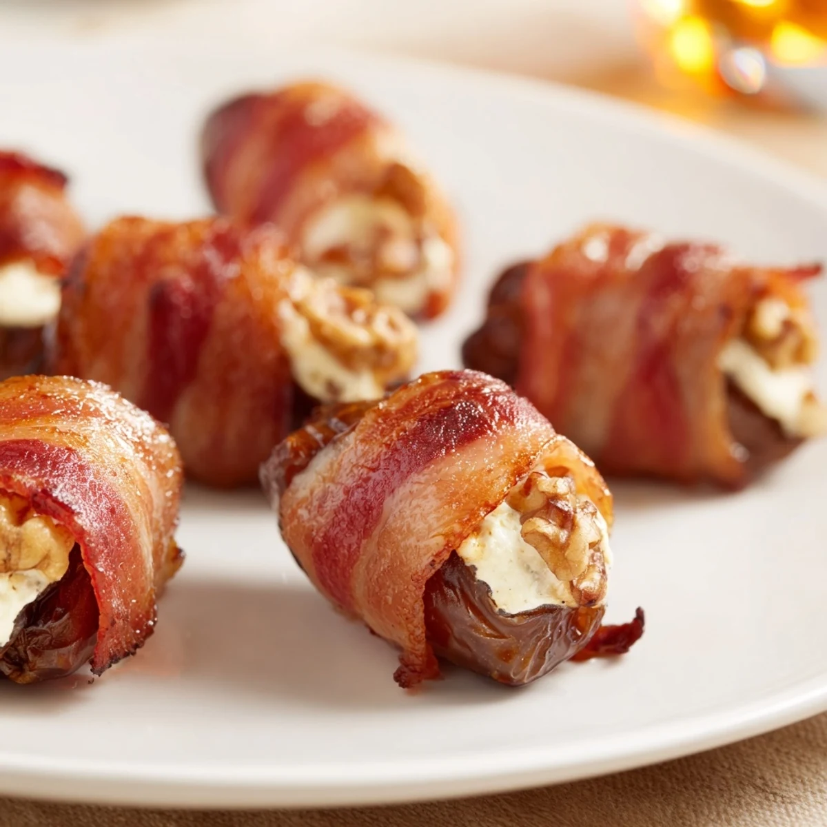 Close up view of creamy, walnut-filled bacon wrapped dates, ready for your next party.