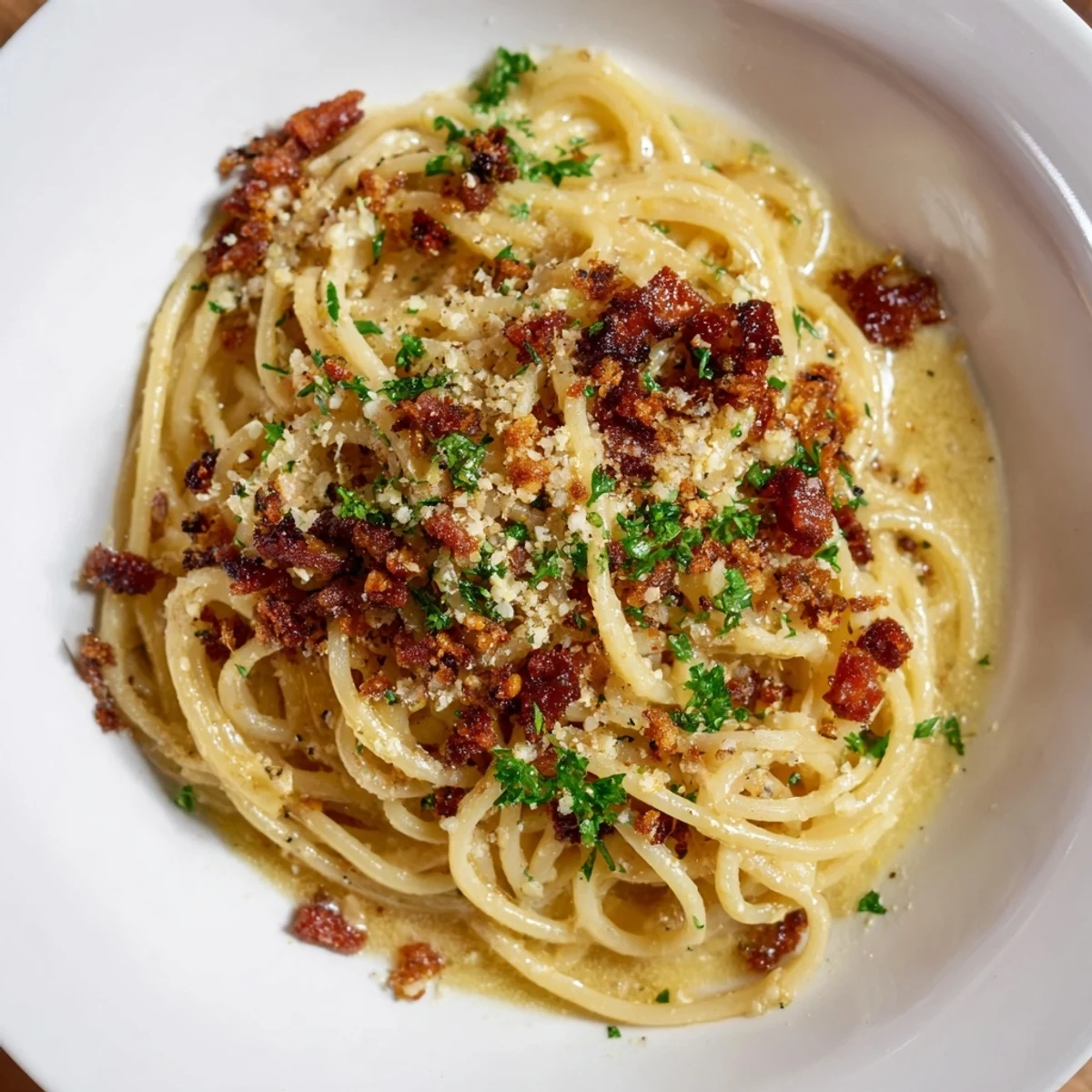 Golden garlic butter pasta with crispy bacon, a comforting Italian-American dish you'll crave.