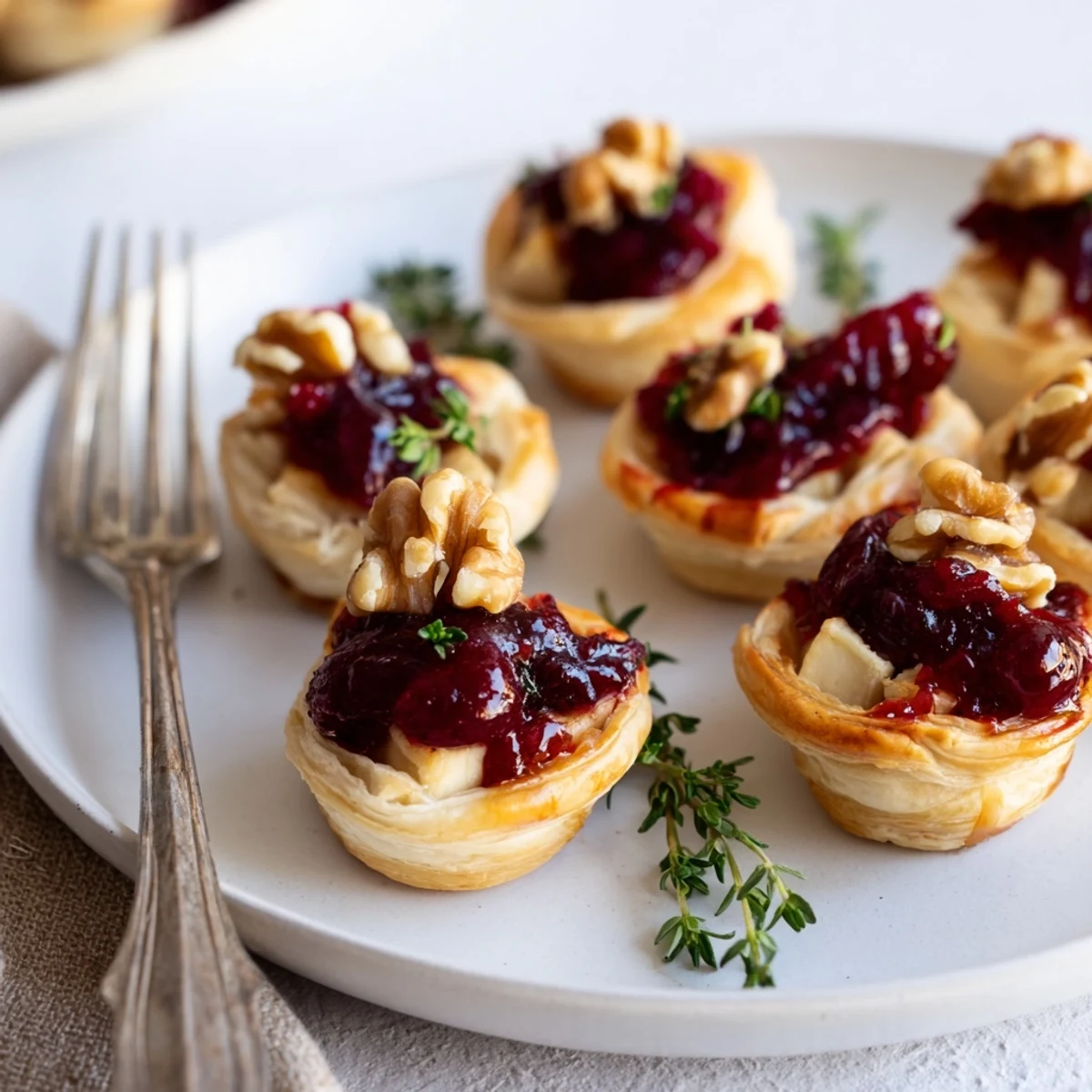 Warm Cranberry Brie Bites, showcasing flaky pastry and creamy Brie topped with fresh rosemary sprigs.