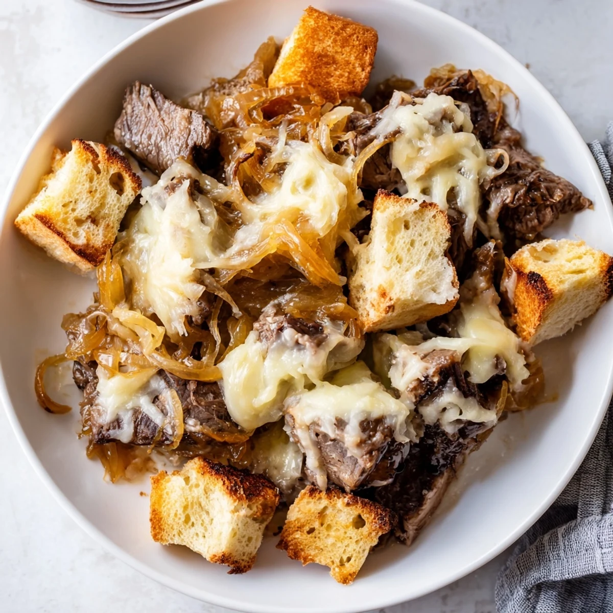 Enjoy the comforting flavors of French Onion Pot Roast Casserole, a cozy, bubbling casserole with toasty bread.