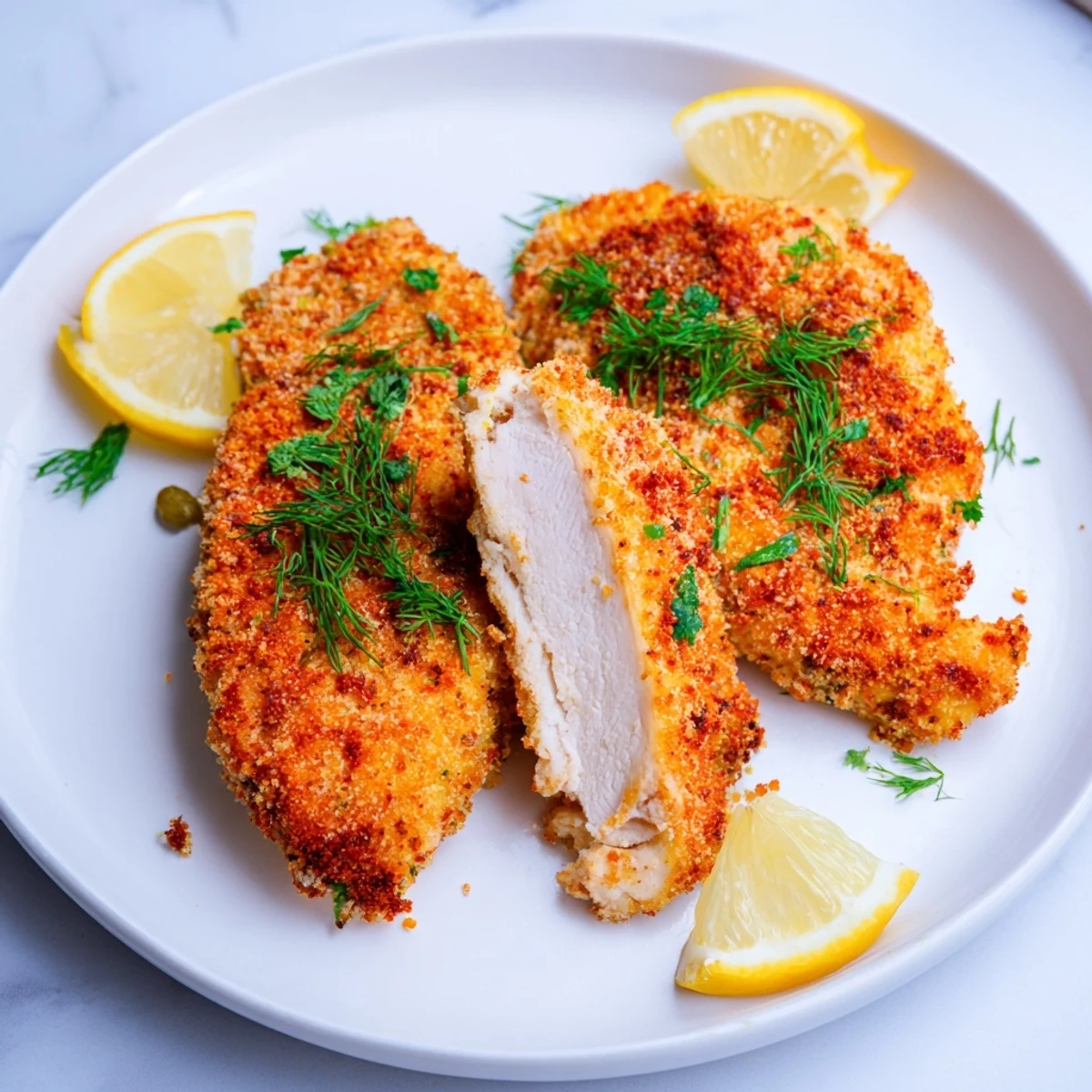 Golden, crispy pickle-brined chicken cutlets are arranged on a plate with fresh dill and lemon.