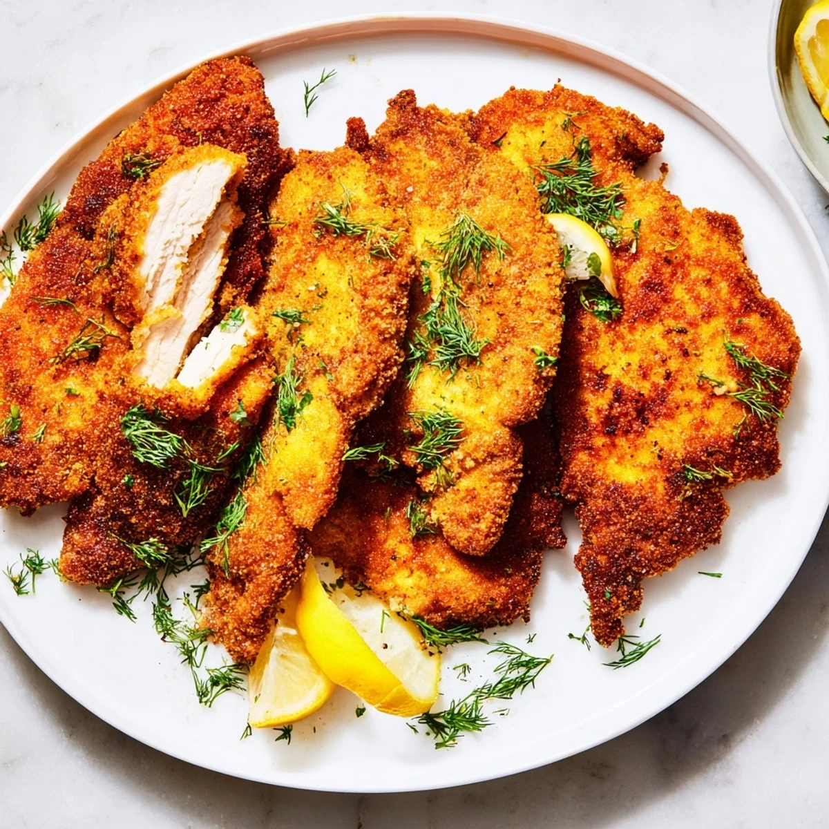 Pan-fried pickle-brined chicken cutlets boast a crunchy breadcrumb coating, ready for serving with sides.
