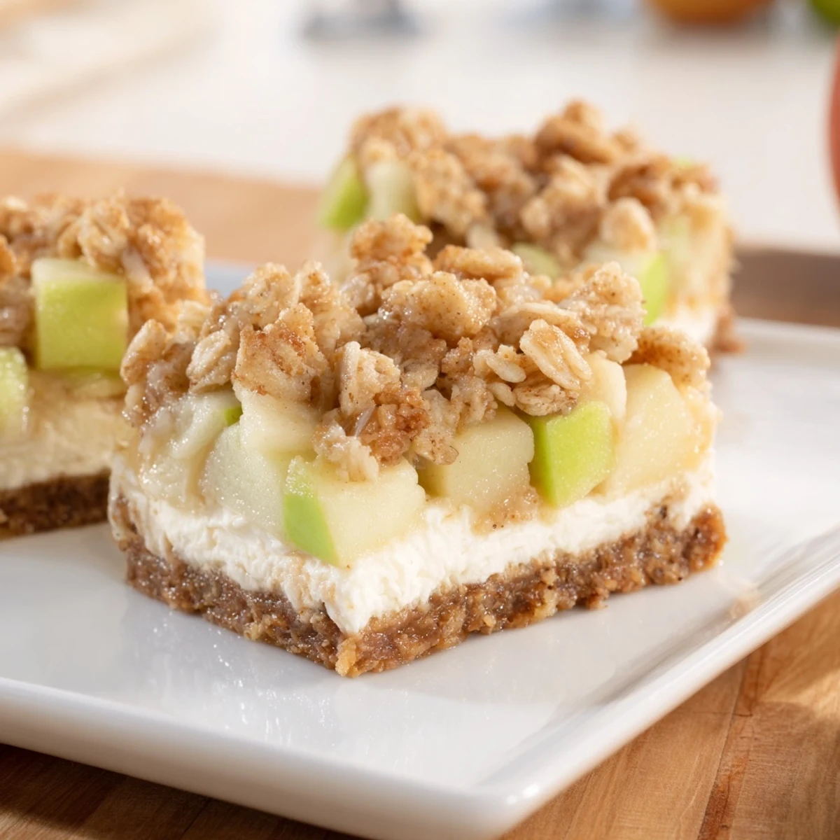 Golden, crisp-topped Apple Crisp Cheesecake Bars showcasing a creamy cheesecake filling and tender apples.