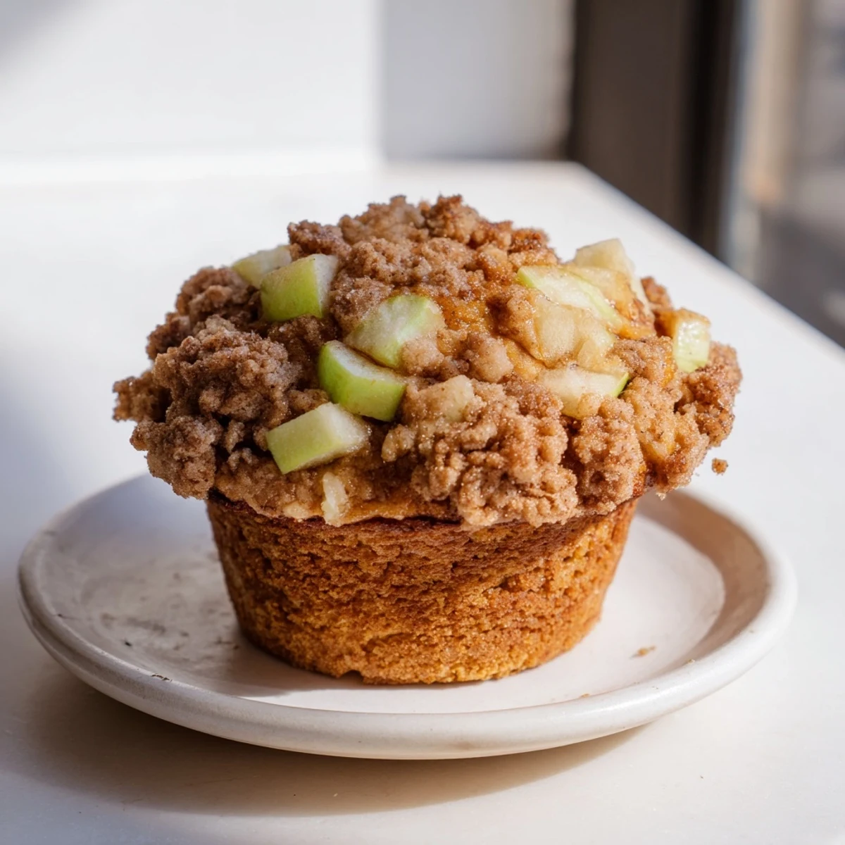 Fluffy golden Tasty Apple Muffins, fresh from the oven, with a buttery, cinnamon crumb topping.