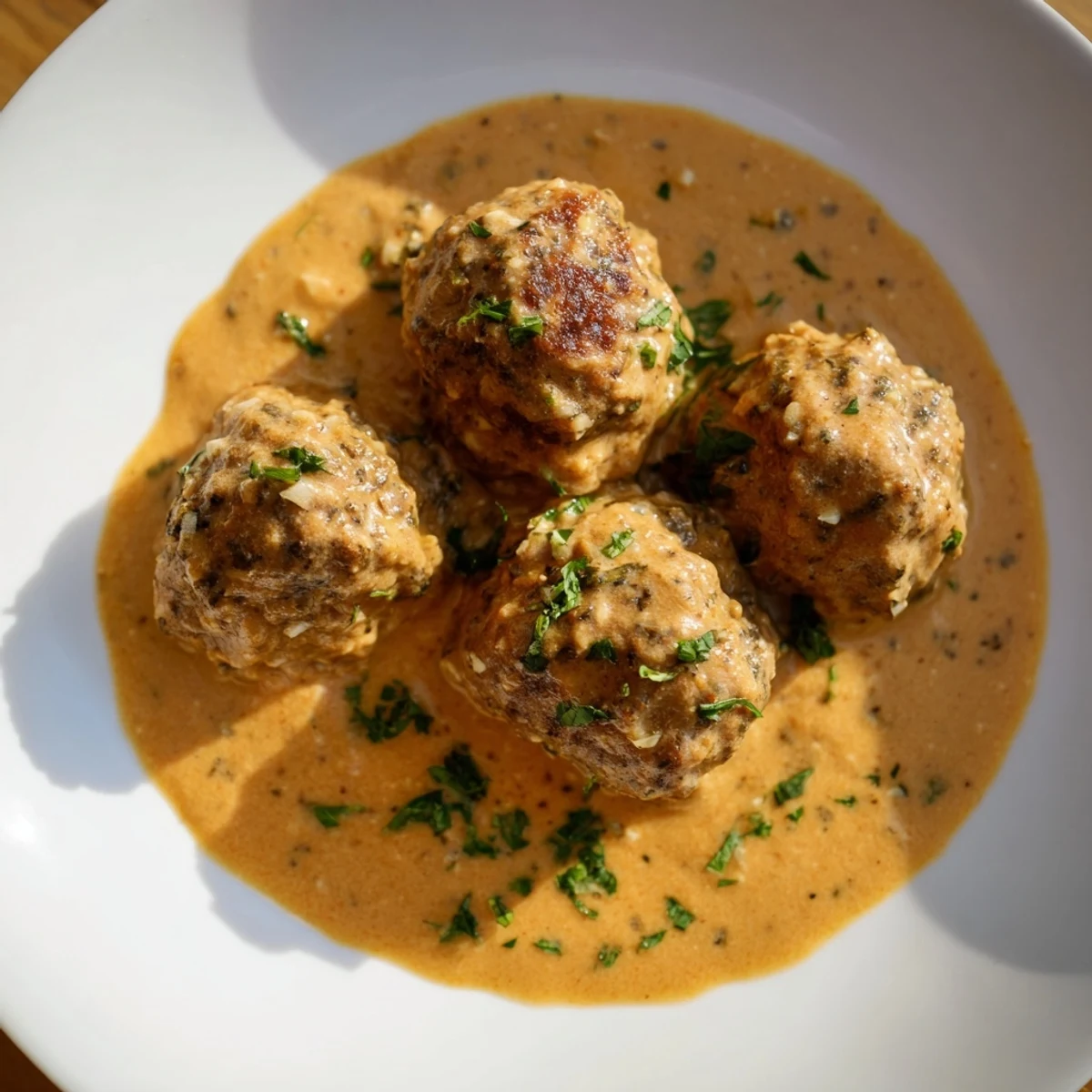 A close-up shot of Easy Turkey Meatballs in Pumpkin Sage Sauce, simmering in a flavorful sauce.