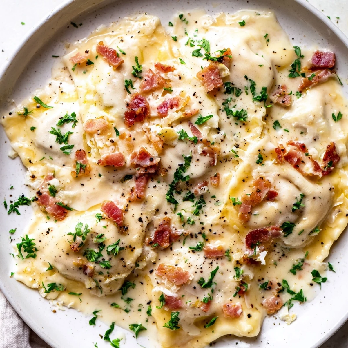 Golden, cheese-filled Olive Garden Ravioli Carbonara served with fresh parsley offers inviting savory aromas.