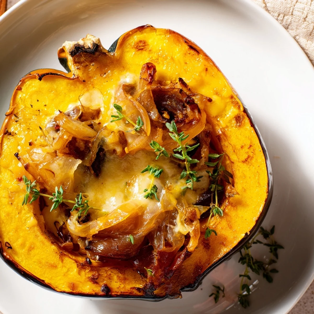 Golden-brown Caramelized Onion Gruyere Stuffed Acorn Squash, showcasing a hearty vegetarian meal option's beauty.