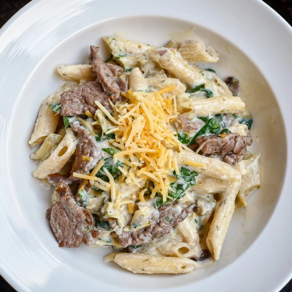 Creamy Steak & Spinach Artichoke Pasta Bake bubbling, golden, and ready to serve, a comforting meal.