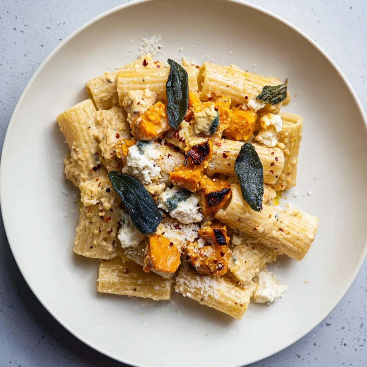 Golden roasted sweet potatoes with creamy goat cheese and sage pasta, a delicious vegetarian recipe.