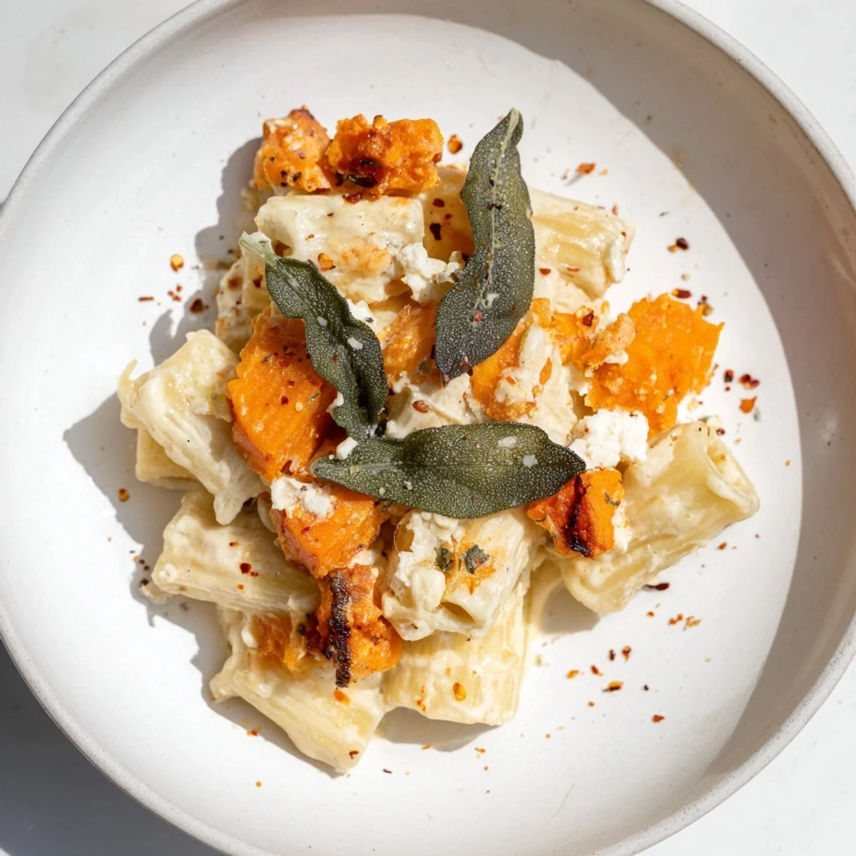 This Viral Sweet Potato Goat Cheese Sage pasta features caramelized sweet potatoes and a flavorful sauce.