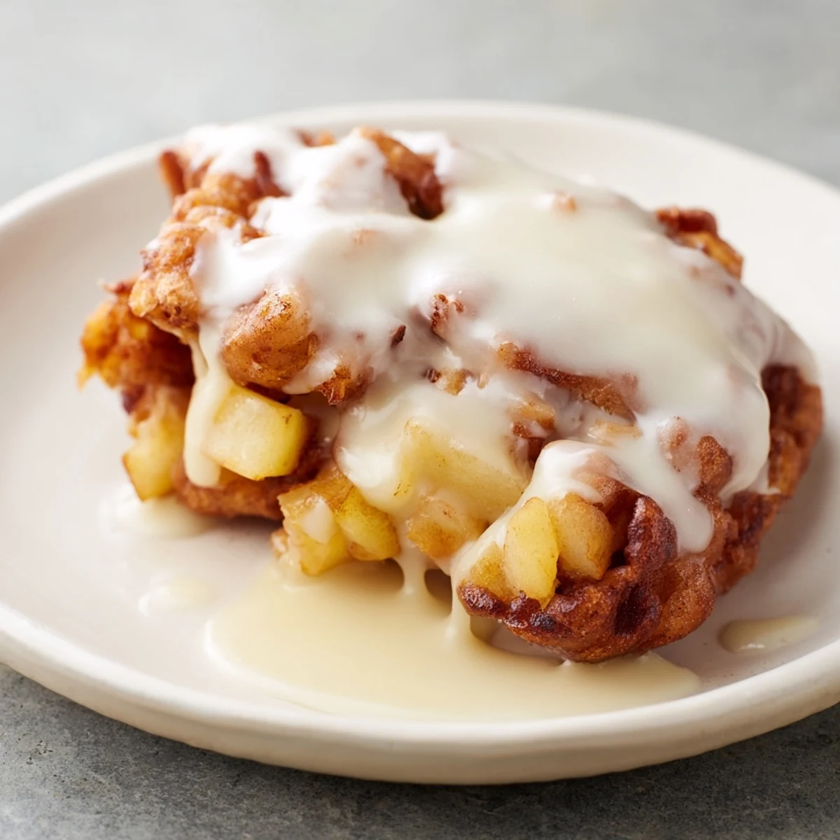 Golden-brown homemade apple fritters, fried to a perfect crisp, are drizzled with sweet glaze.