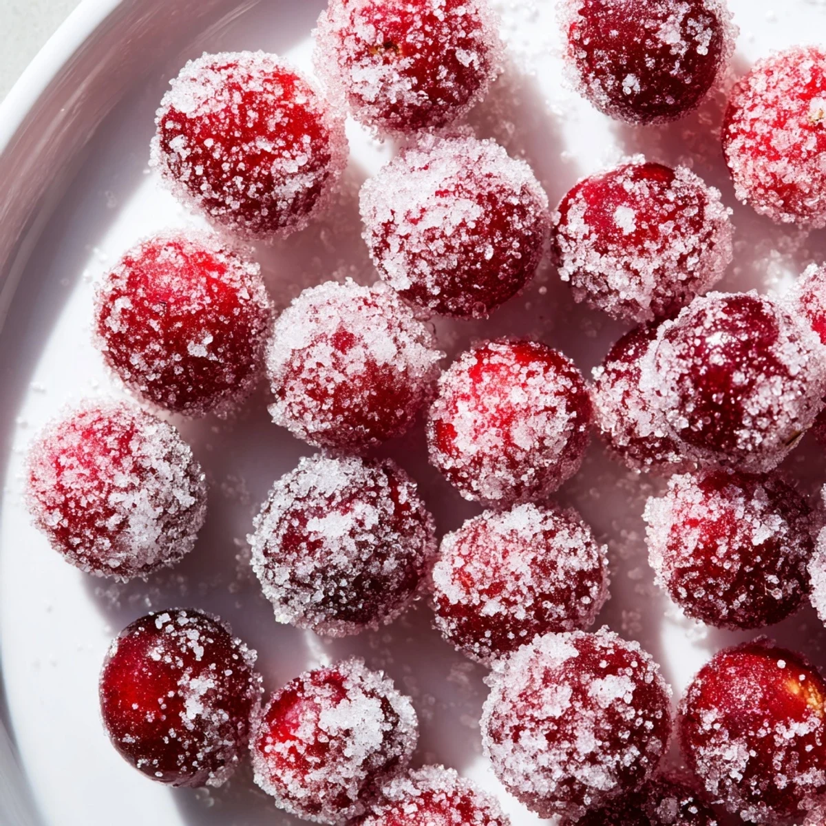 Vibrant vegan candied cranberries ready to adorn your festive dishes, adding a burst of flavor.