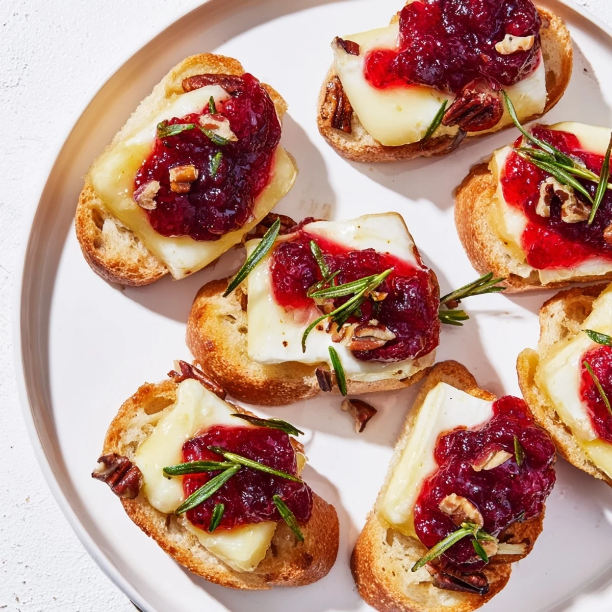 Toasted baguette rounds topped with melted Brie and vibrant cranberry sauce, Quick Cranberry Brie Crostini.