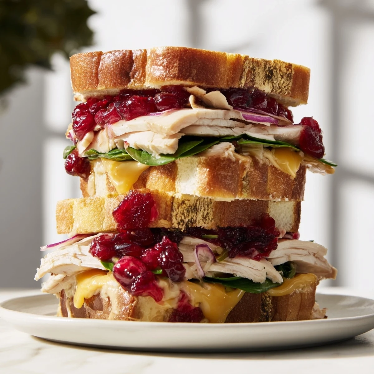 A golden, grilled Budget Christmas Sandwich on Brioche with layers of savory turkey and cheese.
