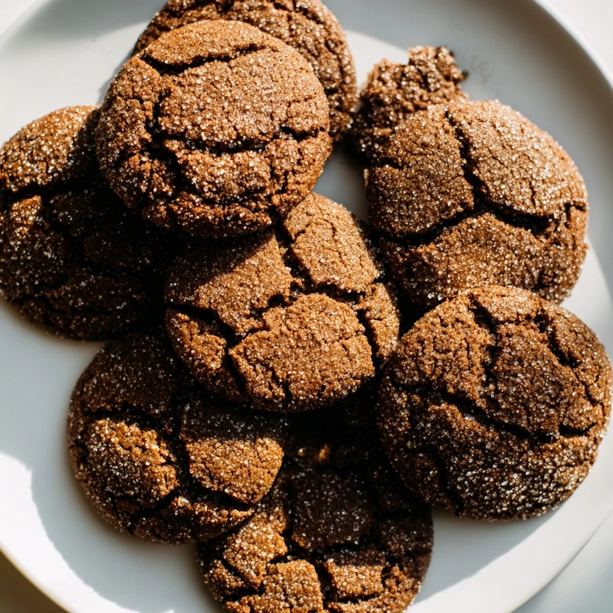 Close-up of freshly baked Express Gingerbread Latte Cookies glistening with sugar, ready to be enjoyed.