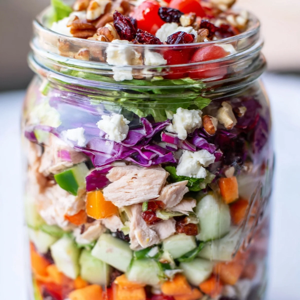 Layered Holiday Chopped Chicken Salad Jar bursting with colorful vegetables perfectly layered for meal prep.