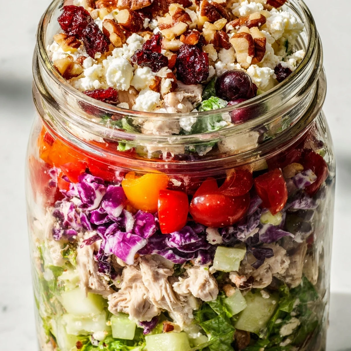 Vibrant Layered Holiday Chopped Chicken Salad Jar, featuring juicy chicken and a creamy, tangy dressing.