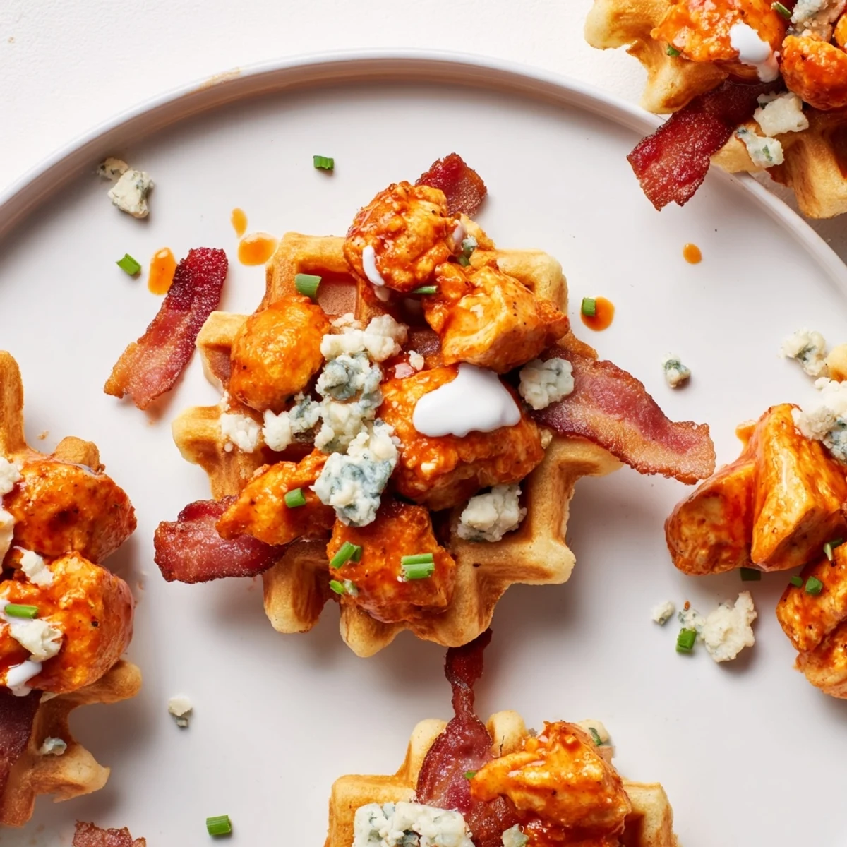 Golden, crispy Crispy Buffalo Chicken and Bacon Waffle Bites, piled high for an irresistible appetizer.