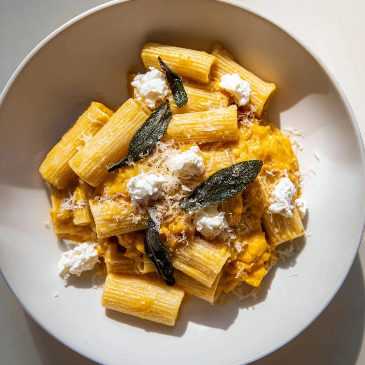A close-up of creamy Roasted Butternut Squash and Sage Goat Cheese Pasta, a comforting autumn meal.