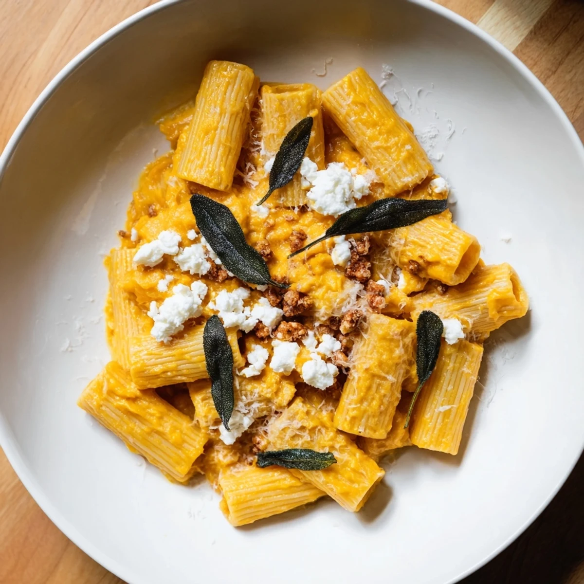 Fragrant sage leaves top the delicious Roasted Butternut Squash and Sage Goat Cheese Pasta, ready to serve.