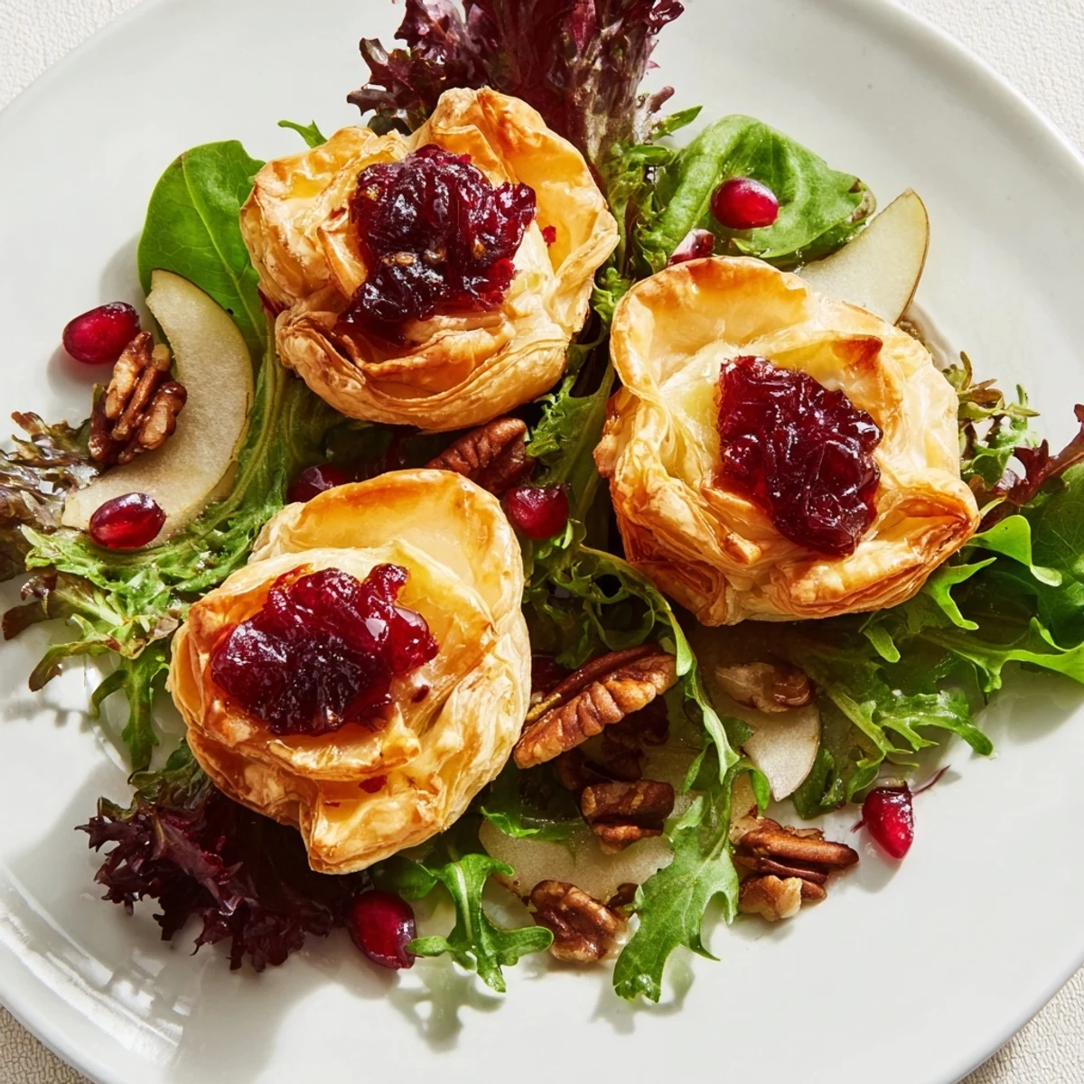 Golden, flaky Cranberry and Brie Flower Bites, warm from the oven, ready to serve over fresh salad.