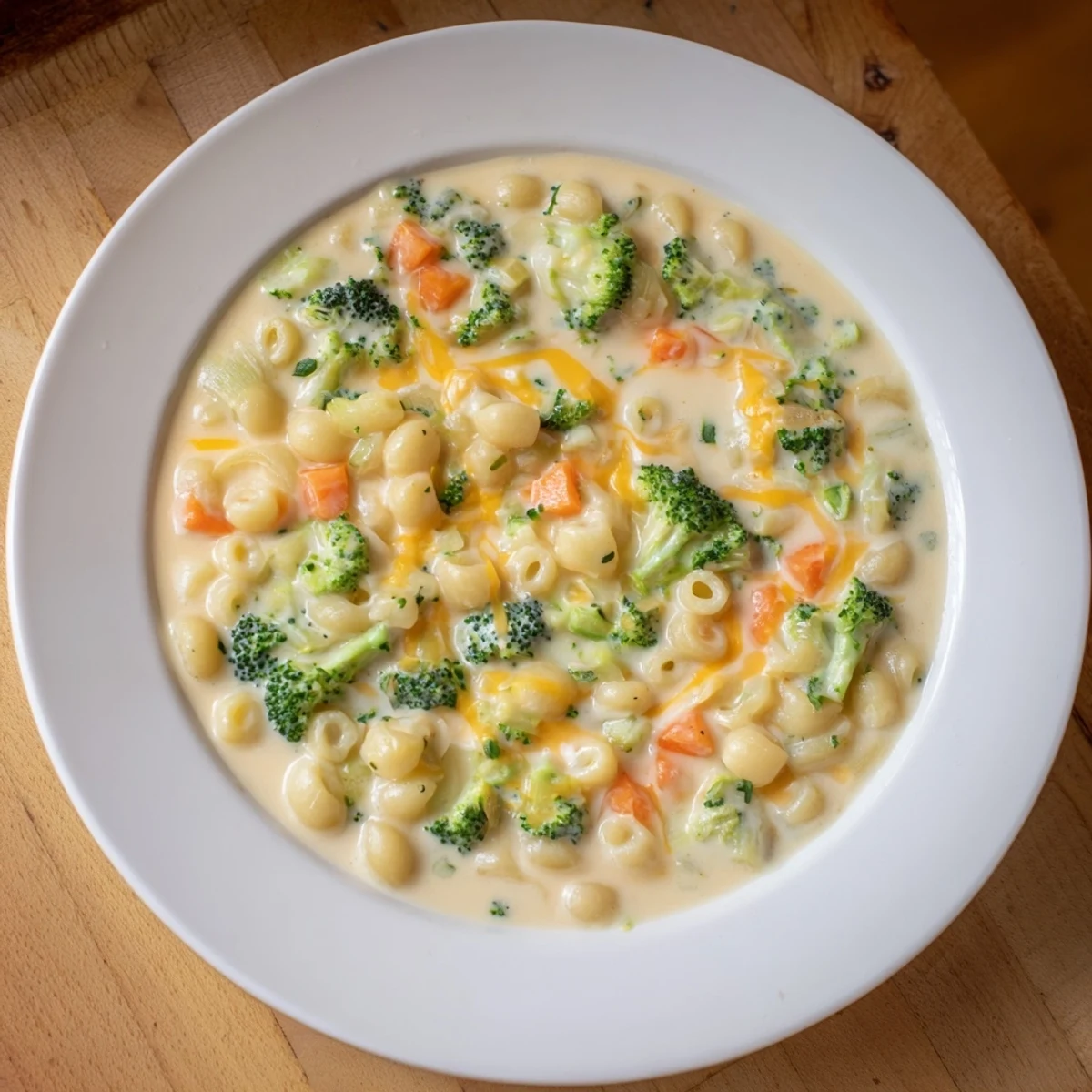 A close-up of creamy One-Pot Broccoli Cheddar Ditalini Soup showcasing vibrant green broccoli florets.