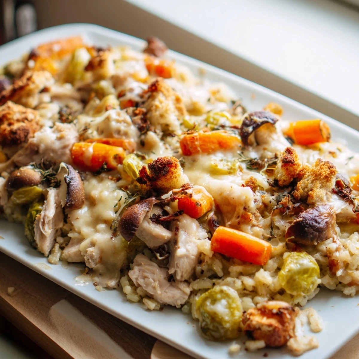 Golden-brown Chicken and Wild Rice Bake, a hearty casserole with creamy sauce and herbs.