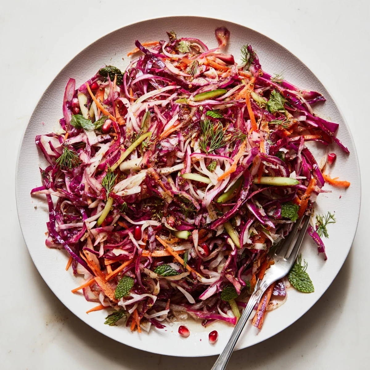 Close-up of a flavorful Shirazi-Inspired Winter Slaw, showcasing the fresh, chopped parsley, mint, and dill.
