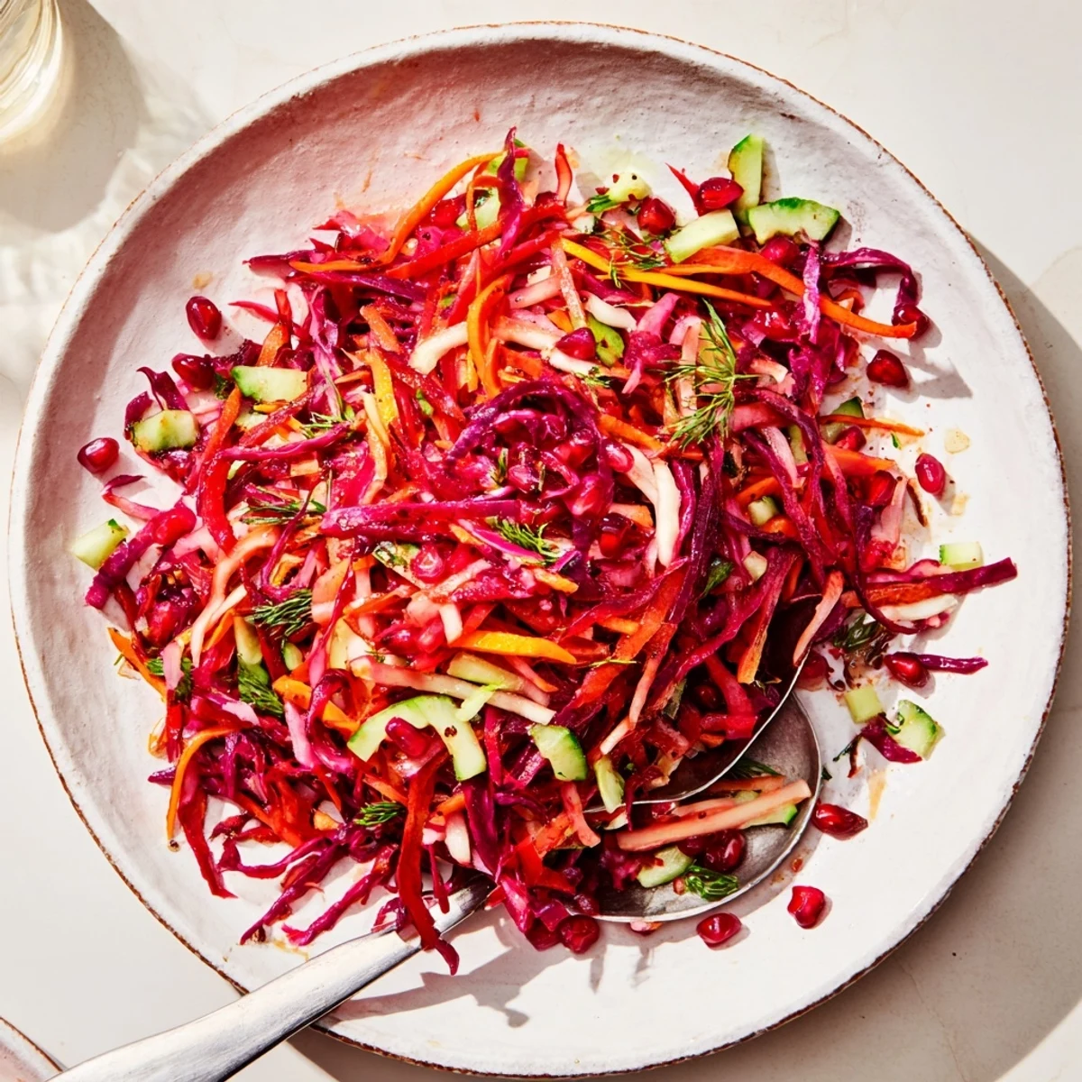 Vibrant Shirazi-Inspired Winter Slaw with crunchy red cabbage and colorful pomegranate seeds, ready to eat!