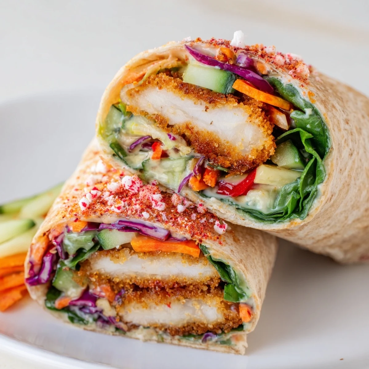A delicious Candy Cane Crunch Chicken Veggie Wrap, filled with vibrant veggies and topped with crushed candy canes.