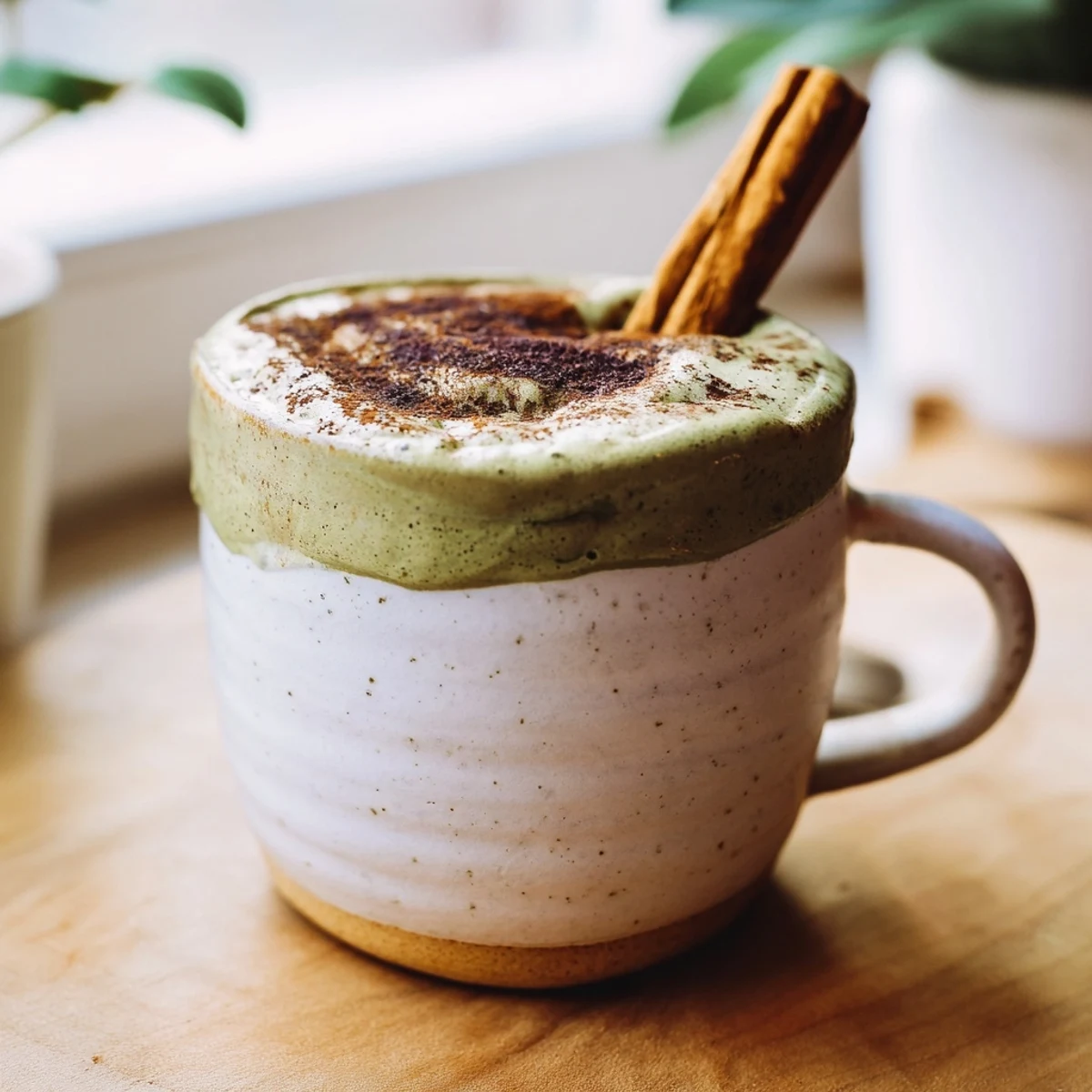 Steaming Maple Cinnamon Gingerbread Matcha Oat Latte, topped with cinnamon, ready to enjoy.
