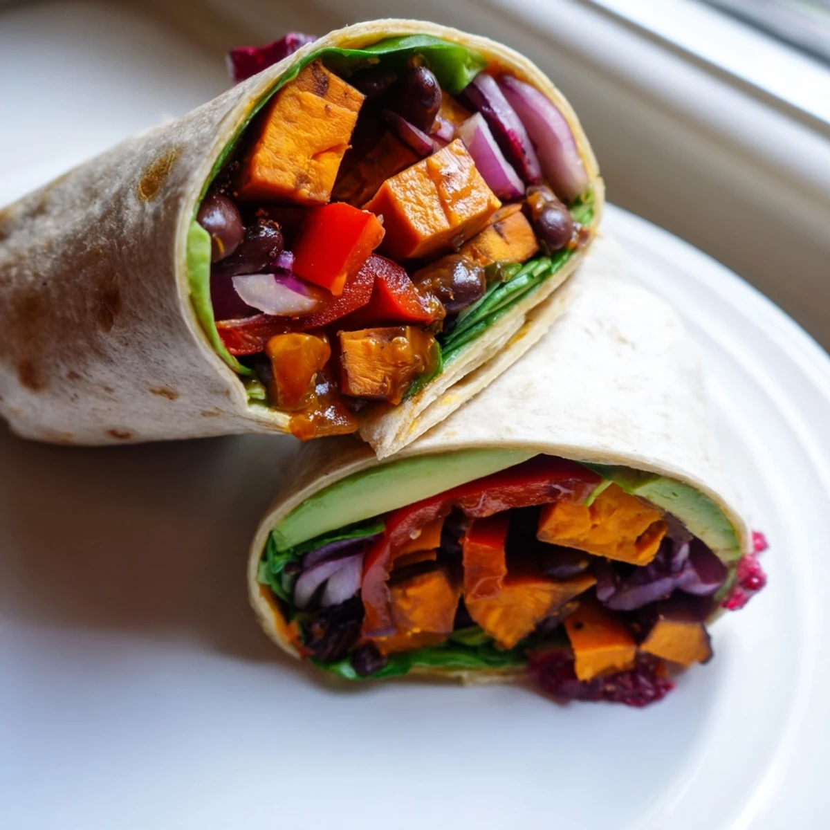 Warm Roasted Sweet Potato & Black Bean Holiday Wrap, ready to eat, with colorful veggies inside.