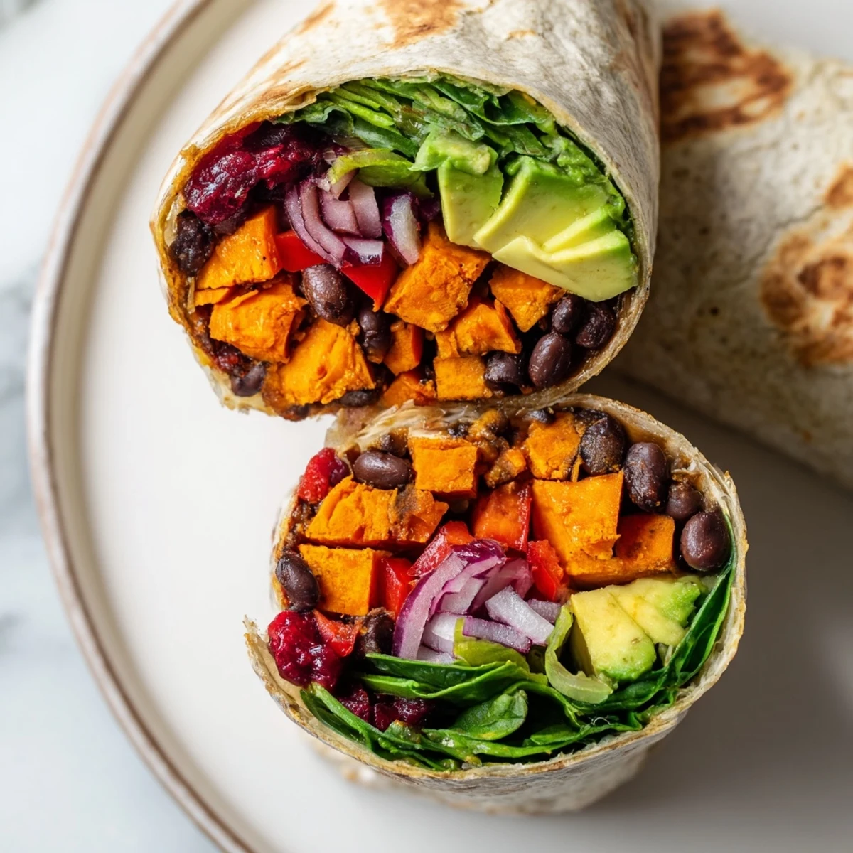 A close-up of a festive Roasted Sweet Potato & Black Bean Holiday Wrap, cut open, showing the fillings.