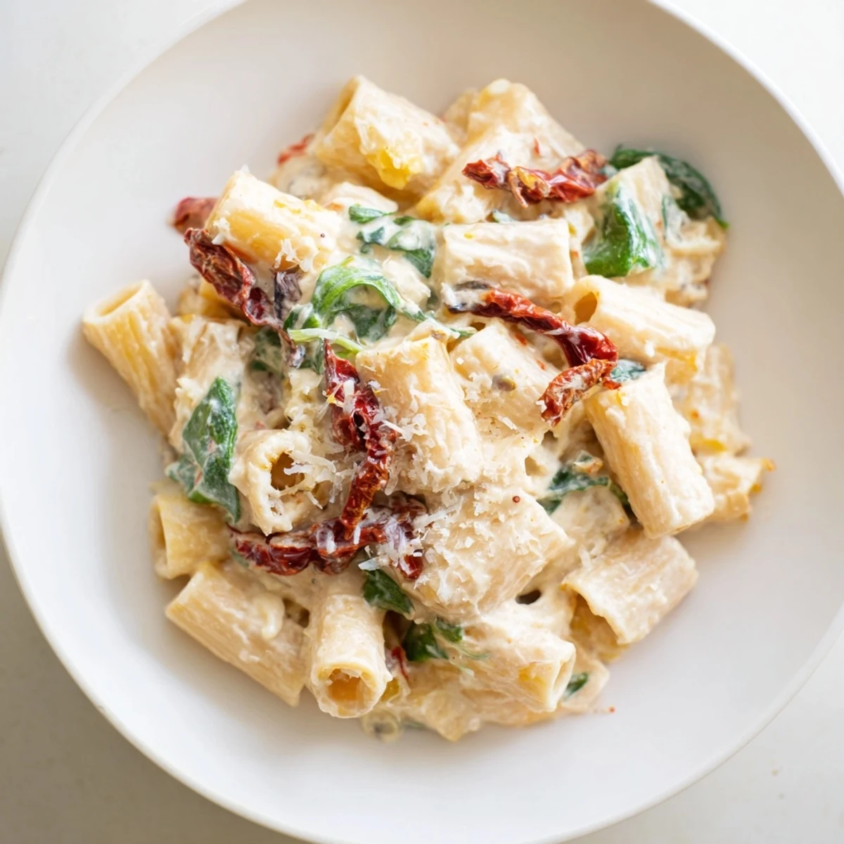 This delicious Creamy Sun-Dried Tomato Spinach Cottage Cheese Pasta showcases the rich, creamy sauce coating each pasta shape.