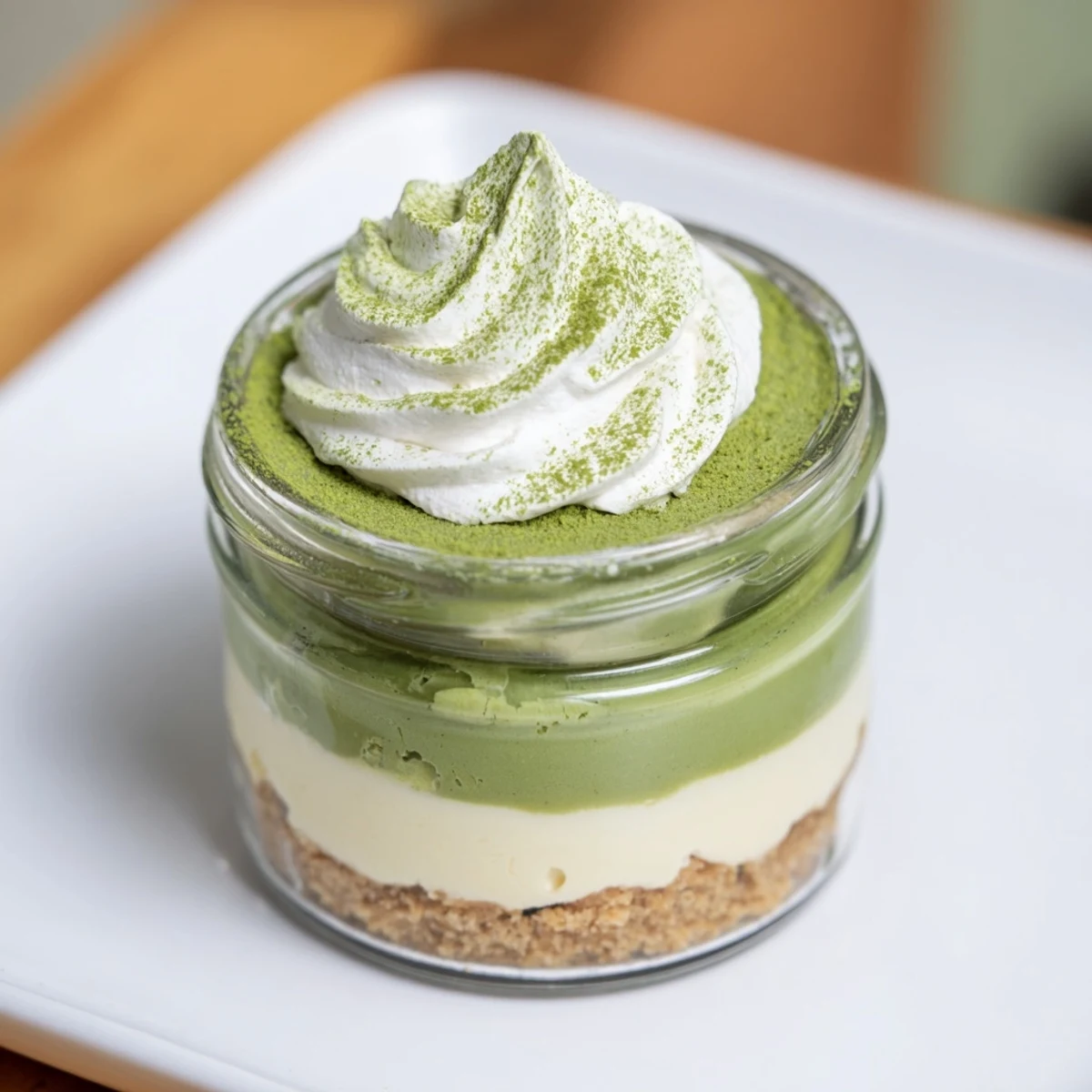 Matcha swirl snowdrift cheesecake cups, a no-bake dessert with creamy layers perfect for serving.