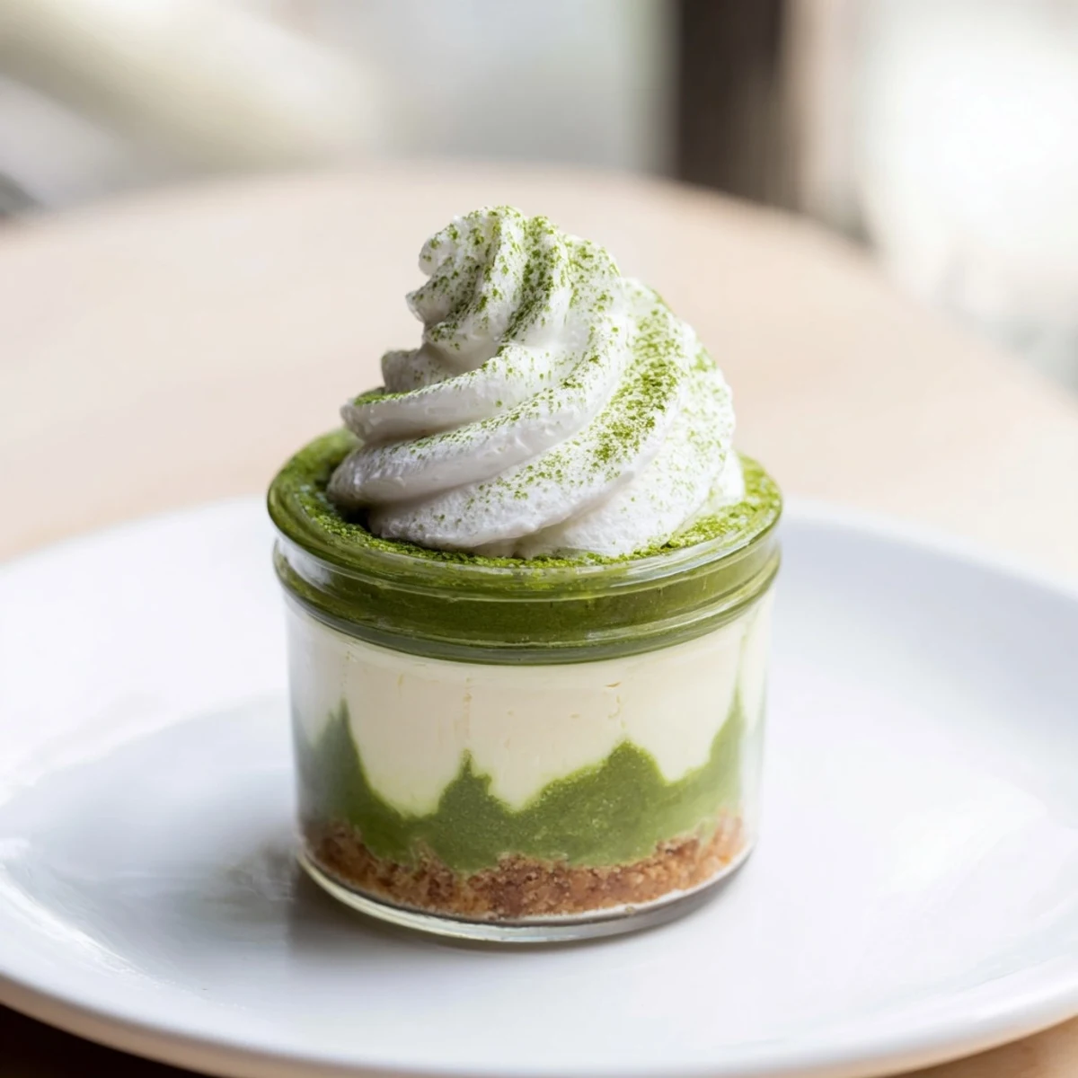 Vibrantly swirled matcha covers the smooth surface of these luscious snowdrift cheesecake cups ready to enjoy.