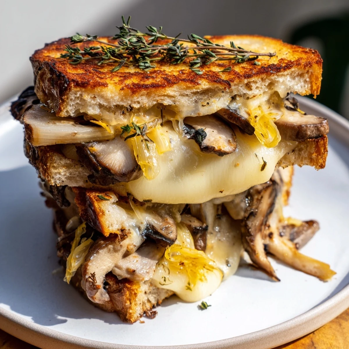 Golden, bubbly Roast Garlic Mushroom & Thyme Grilled Cheese, oozing with melted Gruyère and mozzarella.