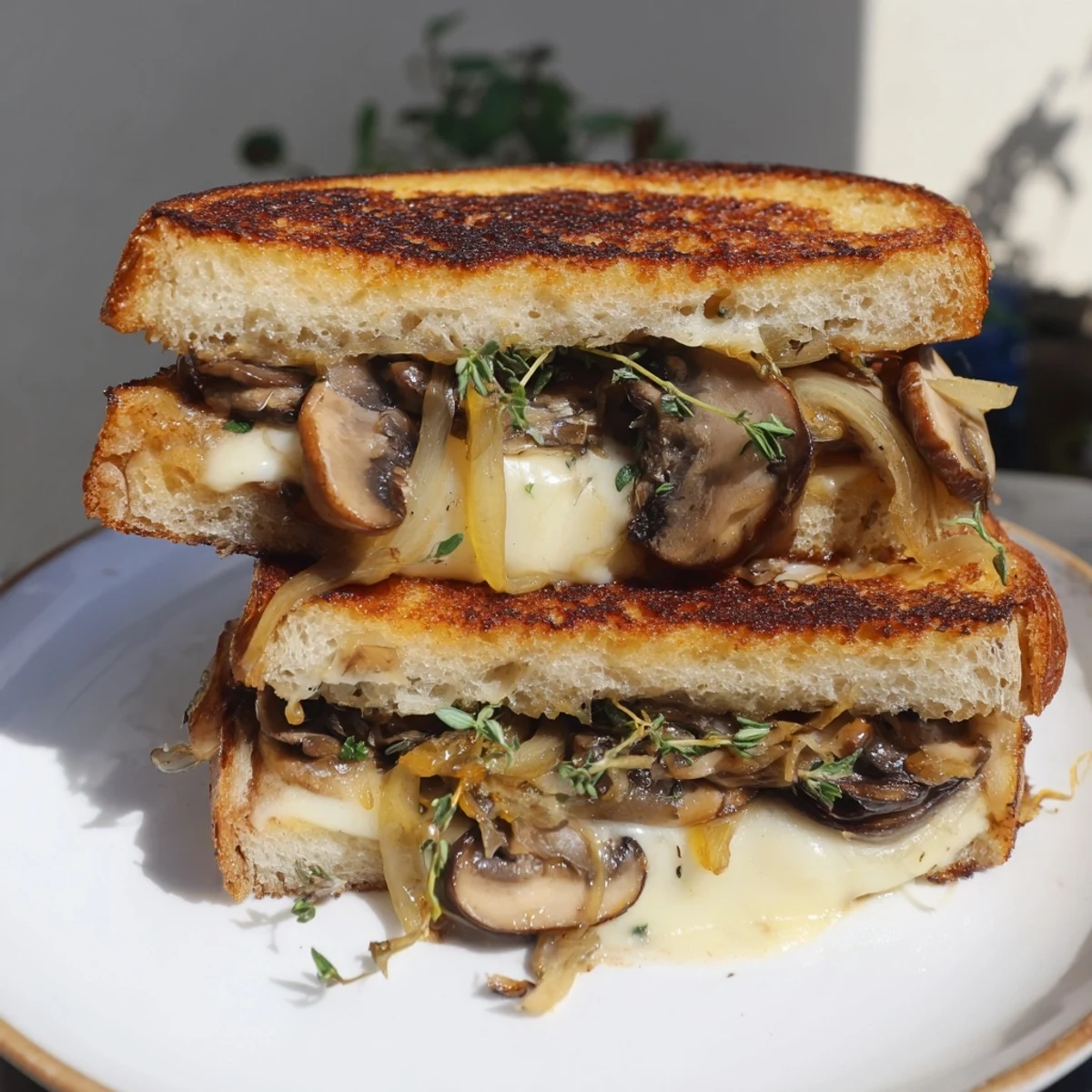 A close-up of a crispy Roast Garlic Mushroom & Thyme Grilled Cheese, featuring savory mushrooms and herbs.