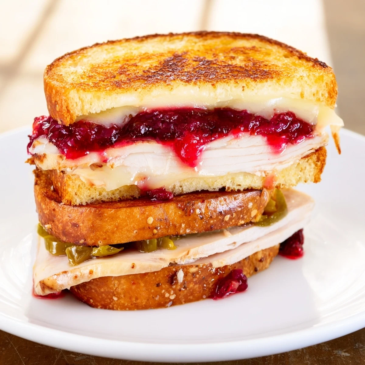 Golden, melty Air Fryer Jalapeño Cranberry Turkey Grilled Cheese, a delicious holiday sandwich, brimming with flavor.