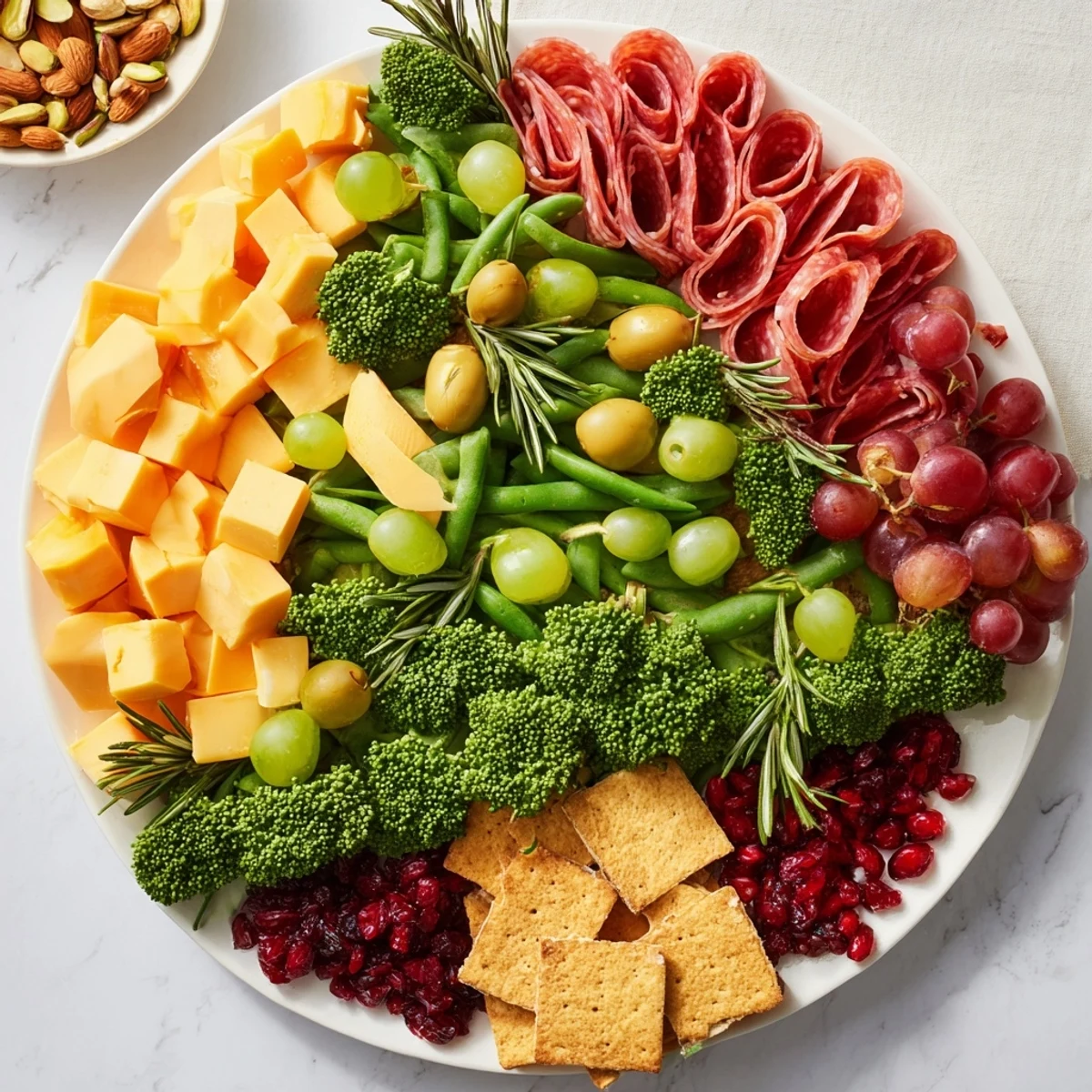 Detailed view of a beautiful Evergreen Tree Snack Board, perfect for holiday appetizers and parties.