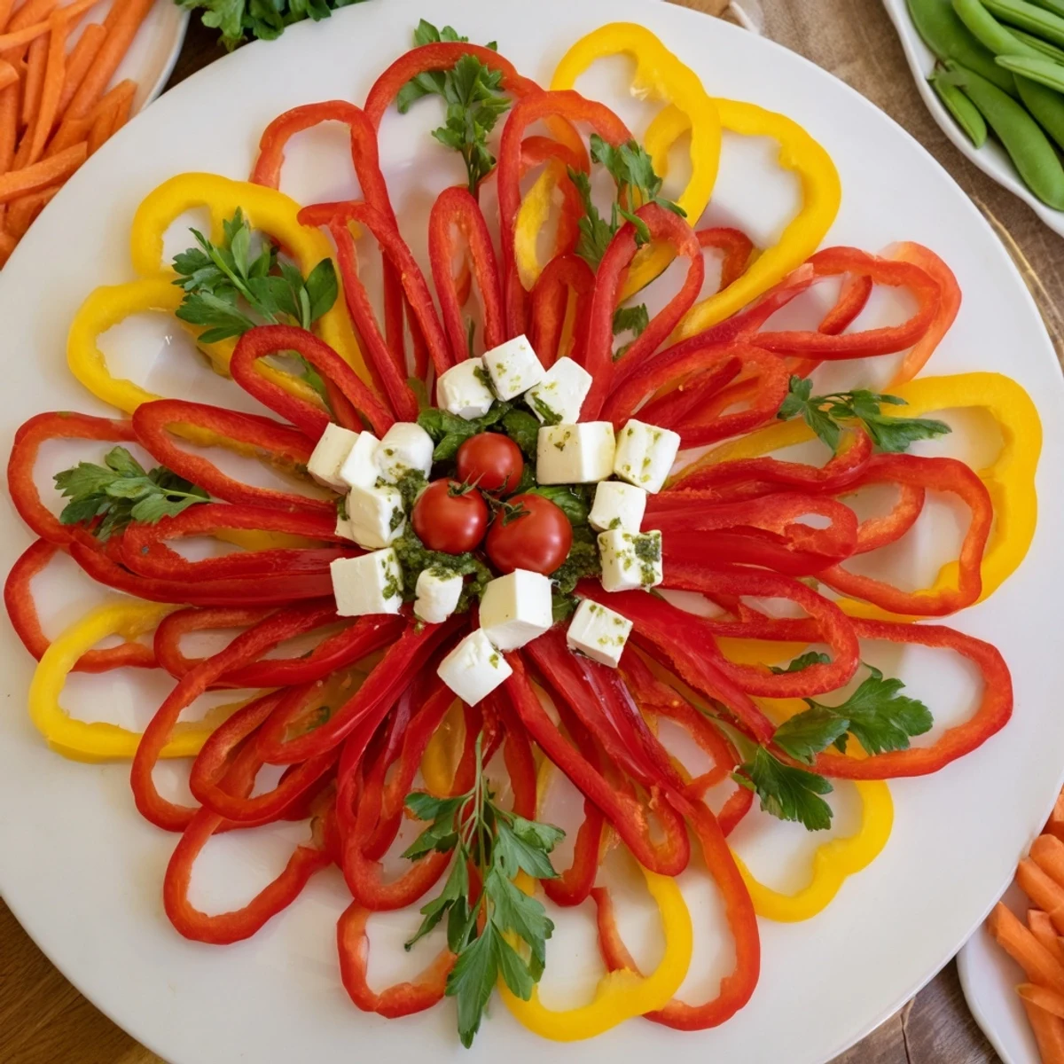 Festive Poinsettia Platter: A colorful party appetizer featuring vibrant vegetables, cheeses, and dips in a floral design.