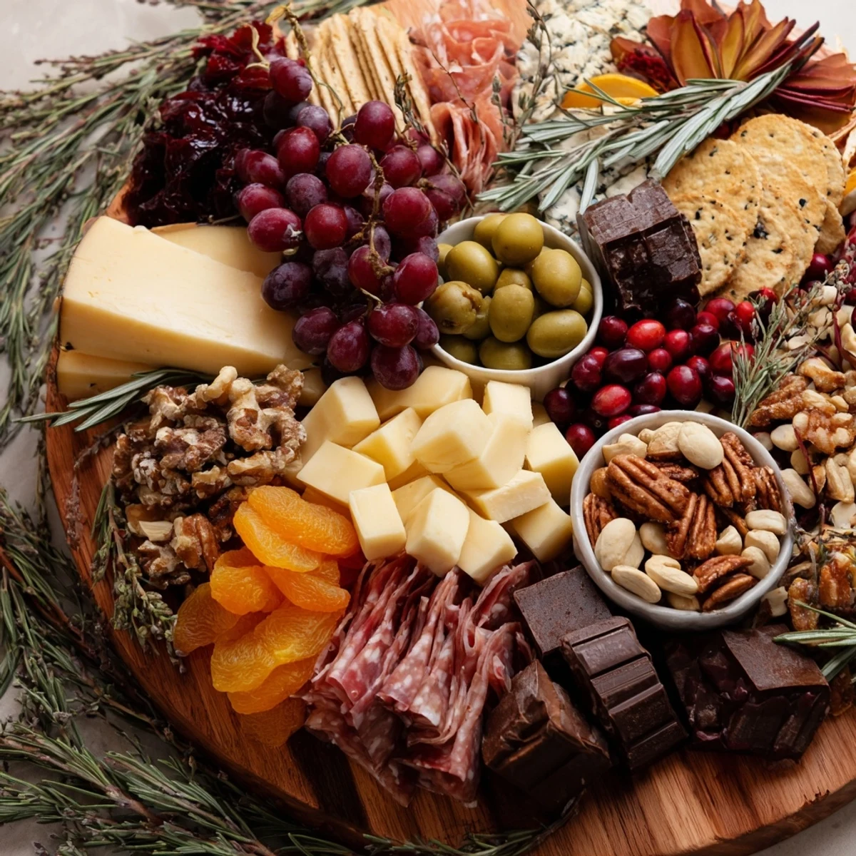 Visually stunning winter wonderland grazing tray, overflowing with cheeses, fruits, and tasty crackers.