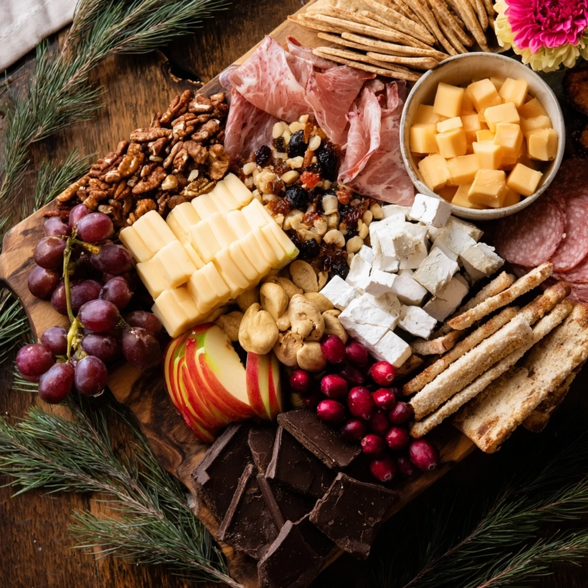 This festive winter wonderland grazing tray offers delicious cheeses and seasonal goodies for a crowd.
