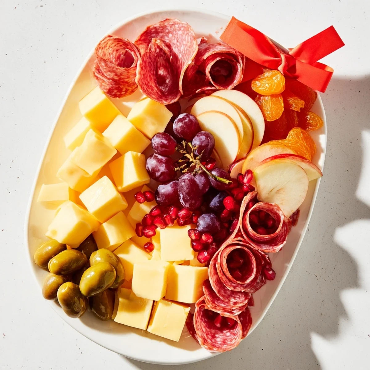 Holiday Bow Appetizer Platter arranged on a holiday platter bursting with colorful cheeses, meats, and fruits.