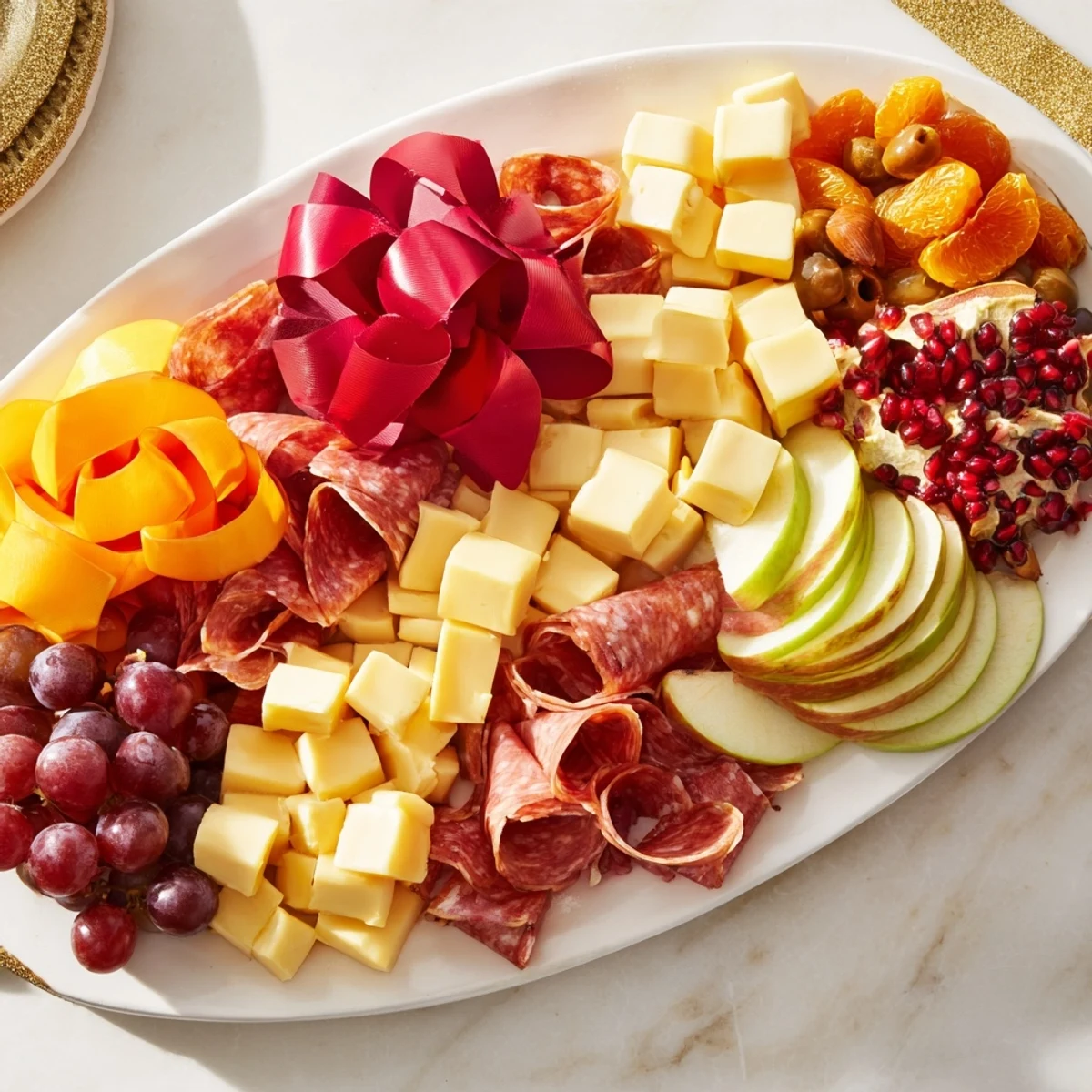 Vibrant Holiday Bow Appetizer Platter, overflowing with red grapes, crackers, and creamy brie for easy entertaining.