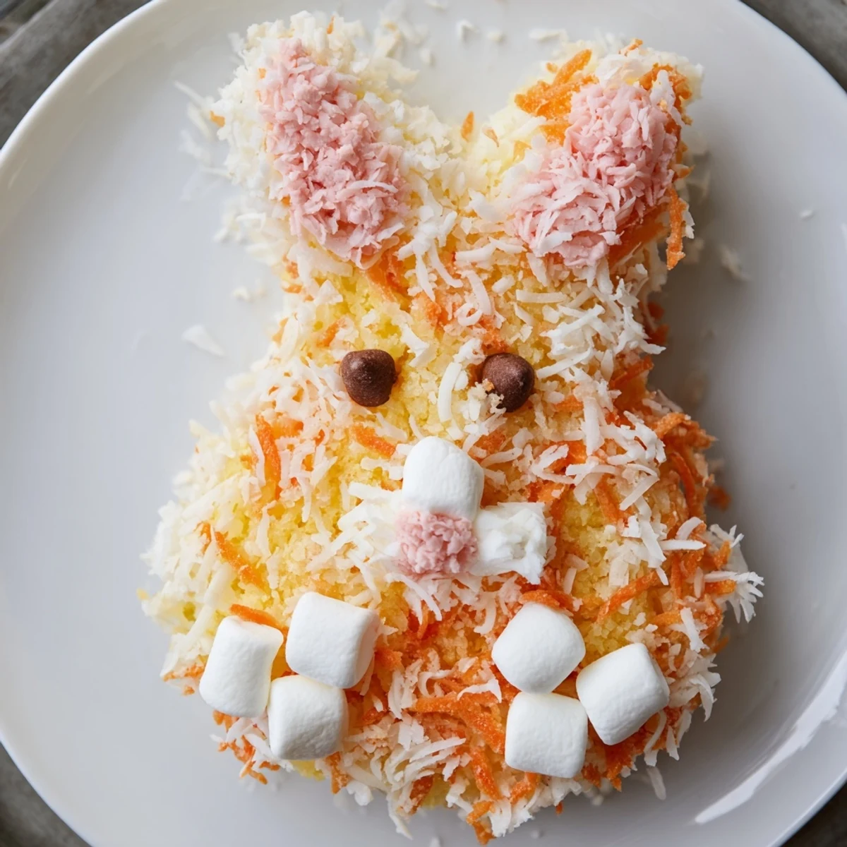 Fluffy, frosted Spring Bunny Carrot Cake, perfect for Easter, sits on a platter.