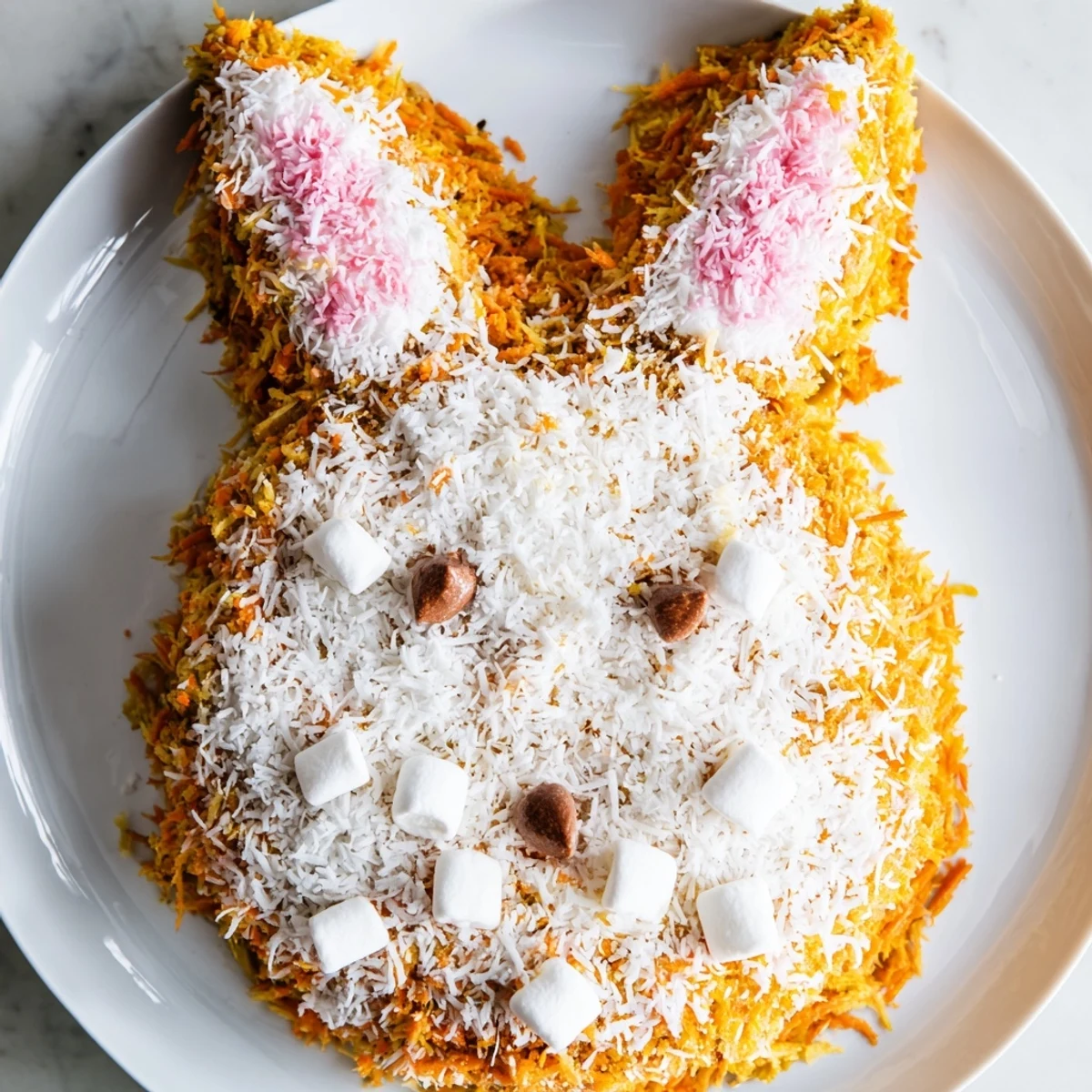 Delightful Spring Bunny Carrot Cake decorated with coconut fur and pastel candies awaits serving.