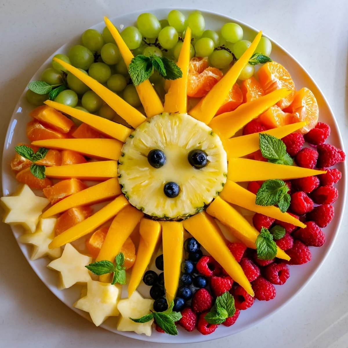 Vibrant Summer Rays Sun-Shaped Fruit Tray bursting with colorful fruits, perfect for a refreshing snack.